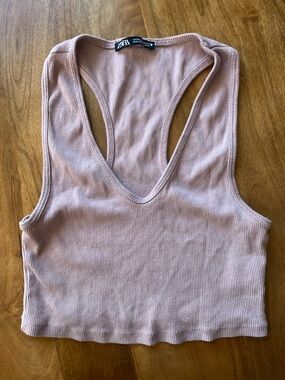 Zara Ribbed V-Neck Crop Tank Top in Blush
